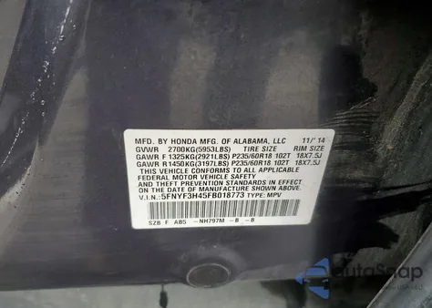 2015 Honda Pilot Ex z USA, uszkodzony, nr VIN 5FNYF3H45FB018773